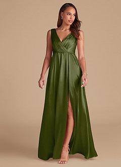 Azazie Tanicia Bridesmaid Dresses Olive A-Line Pleated Metallic Satin Dress image3
