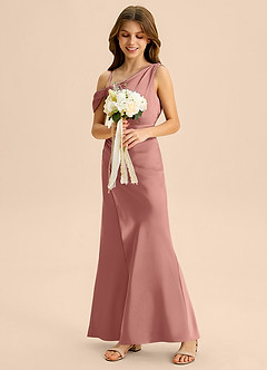 Azazie Madelyn Junior Osłona Zza ramienia Satyna elastyczna Długość podłogi Młodsza druhna Sukienka image5