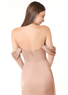Azazie Amyra Bridesmaid Dresses Rose Gold Sheath Off the Shoulder Stretch Satin Convertible Dress image4