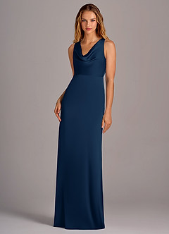 Azazie Wrenlee Vestidos de damas de honor Vestido de Azul Marino Oscuro de Satén Elástico de Corte en A image1