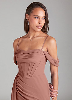 Azazie Amyra Bridesmaid Dresses Cedar Rose Sheath Off the Shoulder Chiffon Convertible Dress image6