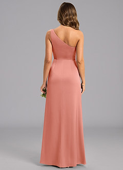 Azazie Phaedra Bridesmaid Dresses Coral A-Line One Shoulder Stretch Satin Dress image2