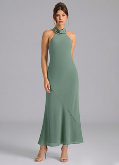 Azazie Velli Jurken voor bruidsmeisjes Jurk van Chiffon met Zeemeermin Hoge Kraag Eucalyptus image5