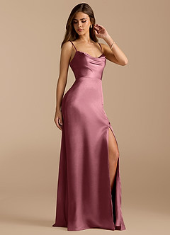 Azazie Erma Bridesmaid Dresses Desert Rose A-Line Side Slit Metallic Satin Dress image3