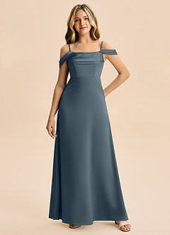 Azazie Lettie Junior A-Line Off-Shoulder Stræk satin Gulv-længde Junior brudepige Kjole image4