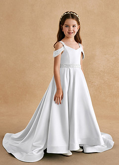 Azazie Jodi Robe Demoiselle D'honneur Fillette Robe Trapèze en Mat Satiné Blanc image3