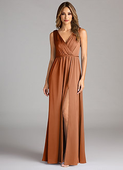 Azazie Tanicia Bridesmaid Dresses Copper A-Line Pleated Stretch Satin Dress image3
