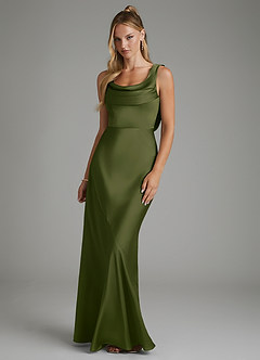 Azazie Elena Bridesmaid Dresses Bright Olive Mermaid Pleated Stretch Satin Dress image1