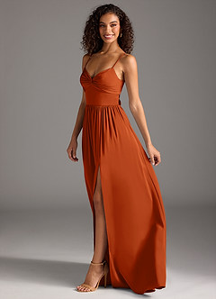Azazie Zeya Vestidos de damas de honor Vestido de Naranja Quemada de Satén Elástico de Corte en A con Plisado image7