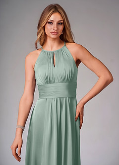 Azazie Bonnie At-home Try On Dresses Dusty Blue A-Line Pleated Stretch Satin Dress image5