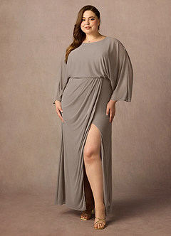 Azazie Ysabella Mother of the Bride Dresses Taupe Mermaid Pleated Mesh Dress image6