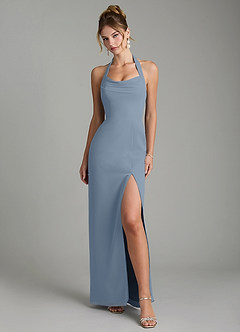 Azazie Arnelle Bridesmaid Dresses Dusty Blue Sheath Pleated Chiffon Dress image1