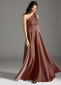 Azazie Charlize Bridesmaid Dresses Espresso A-Line One Shoulder Stretch Satin Dress image3