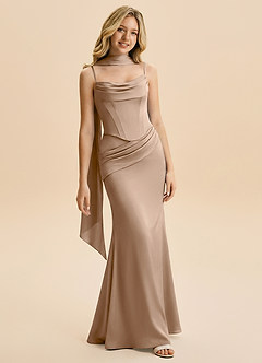 Azazie Sorrel Junior Robe Sirène en Satin extensible Rayé Taupe image1