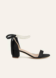 Matching Color Matte Satin Pearl and Bow Open Toe Chunky Heel Sandals