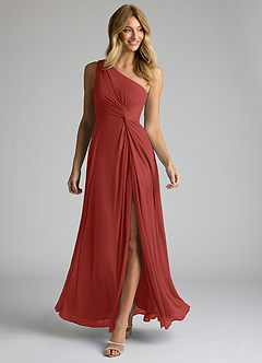 Azazie Brooke Bridesmaid Dresses Terracotta A-Line One Shoulder Mesh Dress image2