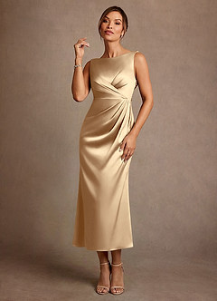 Azazie Mazhe 신부의 어머니 드레스 A라인 주름진 스트레치 새틴 티 길이 드레스 image1