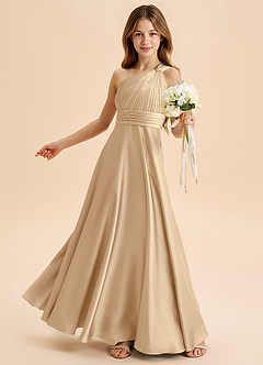 Azazie Charlize Junior A라인 주름진 스트레치 새틴 플로어 길이 주니어 신부 들러리 드레스 image4