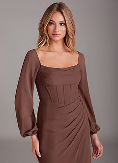 Azazie Charissa Bridesmaid Dresses Espresso Sheath Long Sleeve Chiffon Dress image7