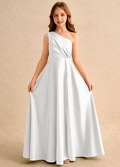 Azazie Puddles Girls Formal Flower Girl Dresses White A-Line One Shoulder Matte Satin Dress image5