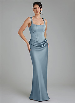 Azazie Etta Robes à essayer chez vous Robe Sirène en Satin extensible Corset Bleu Poussiéreux image4