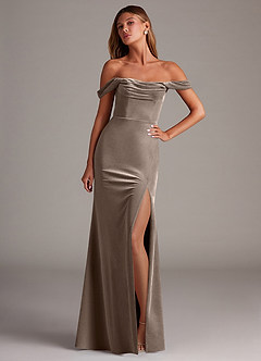 Azazie Saige Vestidos de damas de honor Vestido de Taupe Plateado de terciopelo de Corte Recto Convertible con Vestidos sin tirantes image1