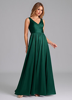 Azazie Keyla Bridesmaid Dresses Emerald A-Line Pleated Stretch Satin Dress image6