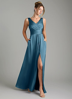 Azazie Karina Robes de demoiselle d'honneur Robe Trapèze en Satin extensible Plissée Bermude image1