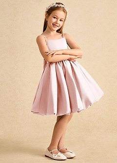 Azazie Davine Blumenmädchenkleider A-Linie Spaghetti Riemen Matte Satin Kleid Zartrosa image6