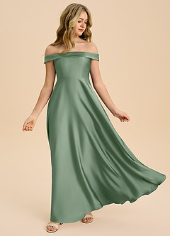 Azazie Sissy Junior Matcha A-Line Off the Shoulder Stretch Satin Dress image5