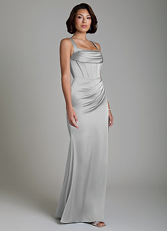 Azazie Amora Vestidos de damas de honor Vestido Plata de Satén Elástico de Corte Sirena con Corsé image5