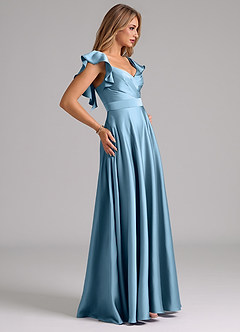 Azazie Leilani Bridesmaid Dresses Steel Blue A-Line Ruched Stretch Satin Dress image6