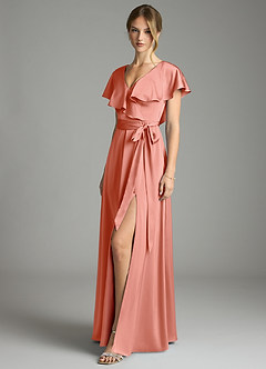 Azazie Lainey Bridesmaid Dresses Coral A-Line with Pockets Stretch Satin Dress image4