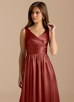 Azazie Keyla Bridesmaid Dresses Terracotta A-Line Pleated Metallic Satin Dress image8