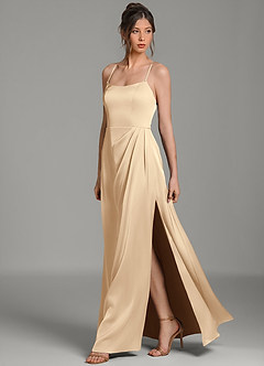 Azazie Frankie Bridesmaid Dresses Champagne A-Line Pleated Stretch Satin Dress image5