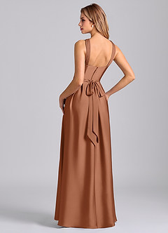 Azazie Dixie 신부 들러리 드레스 A라인 주름진 스트레치 새틴 바닥 길이 드레스 image5