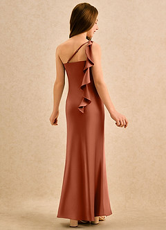 Azazie Almond Girls Formal Robe Demoiselle D'honneur Fillette Robe Fourreau en Satin extensible Une épaule Rose De Cèdre image1
