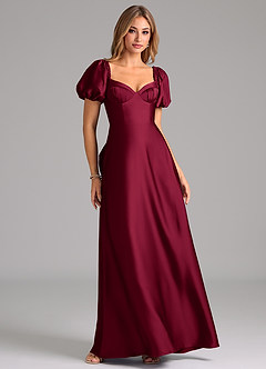 Azazie Fatima Bridesmaid Dresses Burgundy A-Line Pleated Stretch Satin Dress image1