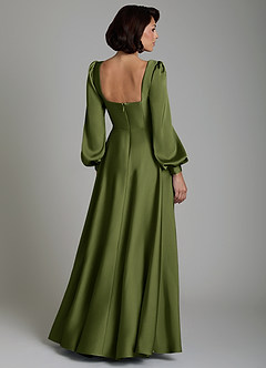 Azazie Solana Bridesmaid Dresses Olive A-Line Long Sleeve Stretch Satin Dress image2