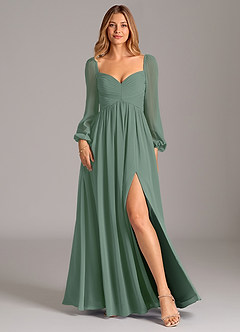 Azazie Bailee Bridesmaid Dresses Eucalyptus A-Line Long Sleeve Chiffon Dress image1