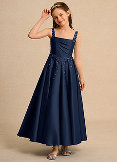 Azazie Mochi Girl Jurken voor bloemenmeisjes Baljurk Jurk van Mat Satijn Geplooid Donkere Marine image6