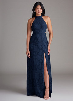 Azazie Clarice Bridesmaid Dresses Dark Navy A-Line Side Slit Floral Burnout Dress image4