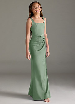 Azazie Mero Junior Matcha Mermaid Pleated Stretch Satin Dress image3