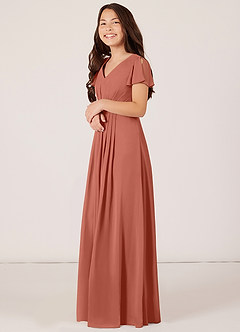 Azazie Peony Junior Clay A-Line Pleated Chiffon Dress image3