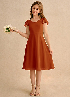 Azazie Narin Girls Formal Flower Girl Dresses Paprika A-Line with Sleeves Chiffon Dress image1