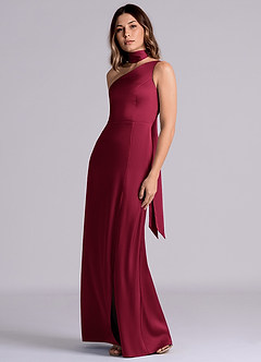 Azazie Phaedra Bridesmaid Dresses Burgundy A-Line One Shoulder Stretch Satin Dress image6