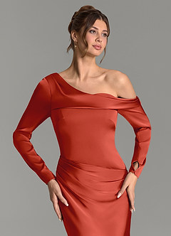 Azazie Sandra Bridesmaid Dresses Rust Mermaid Long Sleeve Stretch Satin Dress image7
