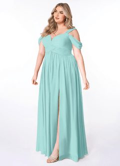Azazie Lianne Bridesmaid Dresses Aqua A-Line Off the Shoulder Chiffon Dress image3