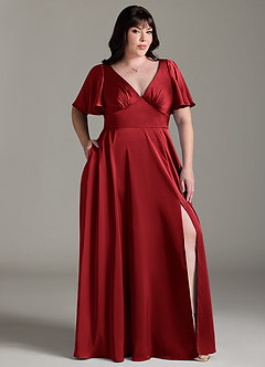 Azazie Kimber Bridesmaid Dresses Scarlet A-Line Ruched Stretch Satin Dress image9