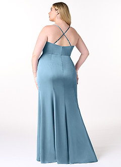 Azazie Marzia Bridesmaid Dresses Steel Blue Mermaid Cowl Pleated Stretch Satin Dress image8
